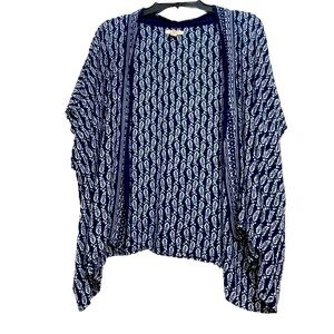 Loft Navy Blue Paisely Satin Waterfalls Open Light Cardigan Womens XS/Small